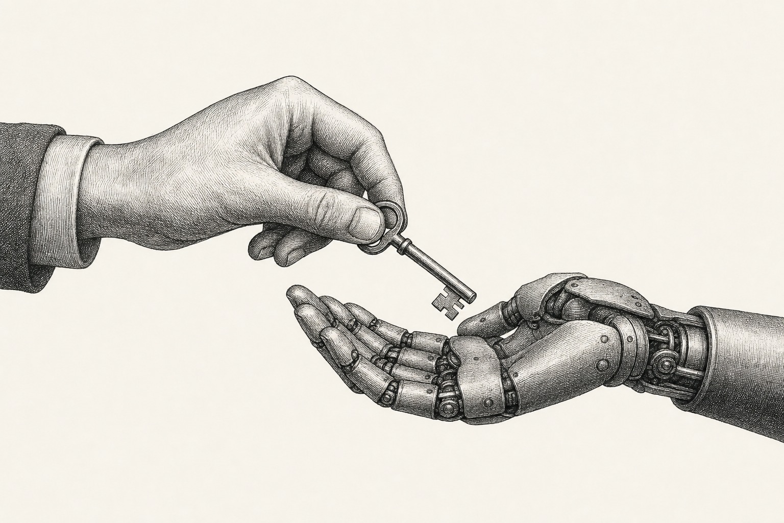 A human hand passing a key to a mechanical hand