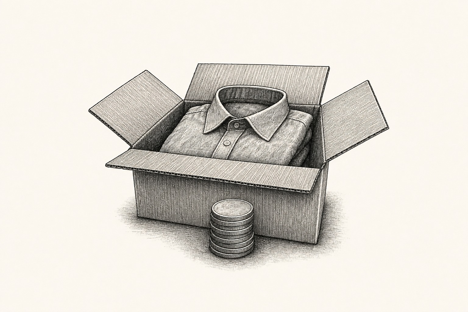 A return parcel holding a shirt with a stack of coins