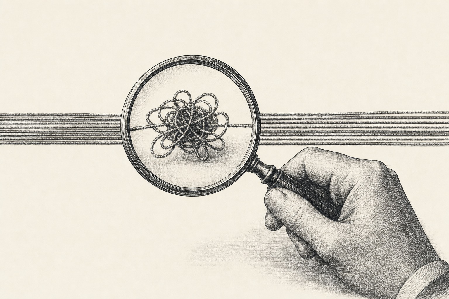 A magnifying glass inspecting a knotted thread among straight threads