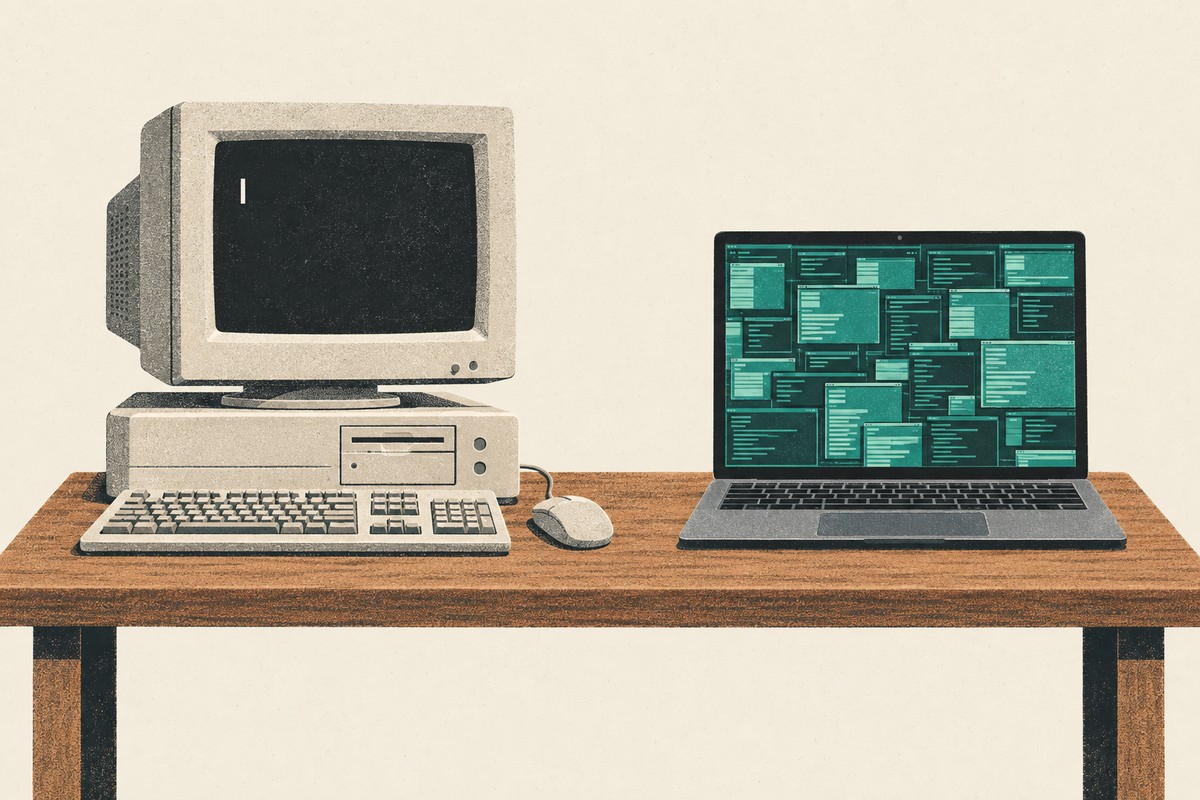 Satu meja dengan komputer desktop lama di kiri dan laptop modern di kanan yang layarnya penuh blok tugas