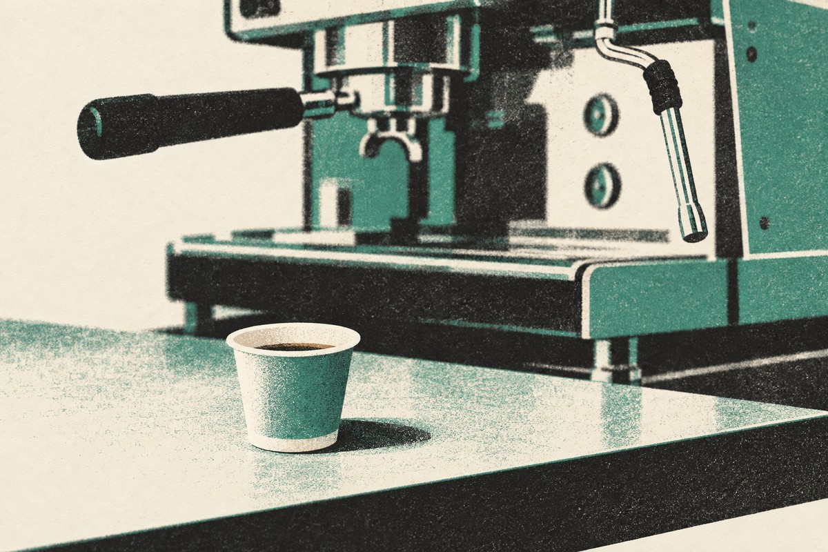 Cup sampel kecil di depan mesin espresso besar