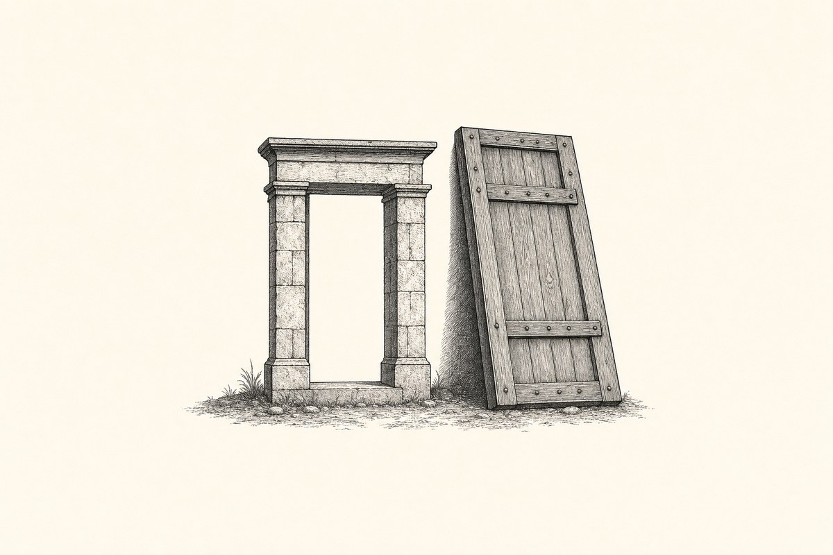 Pintu kayu yang terlalu besar untuk kusen batu di sebelahnya