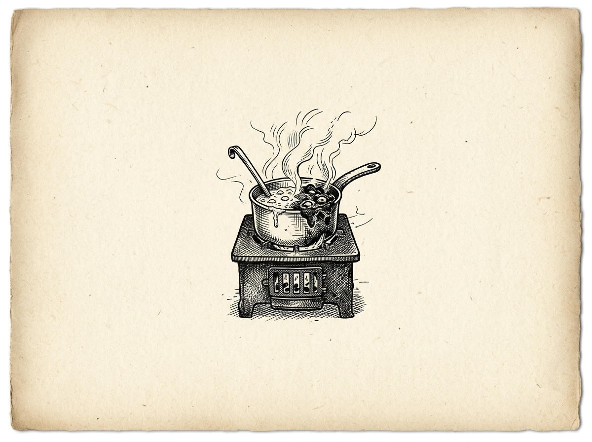 Illustration of a pot on a stove, the dish inside half raw and half burnt, symbolizing something half-baked