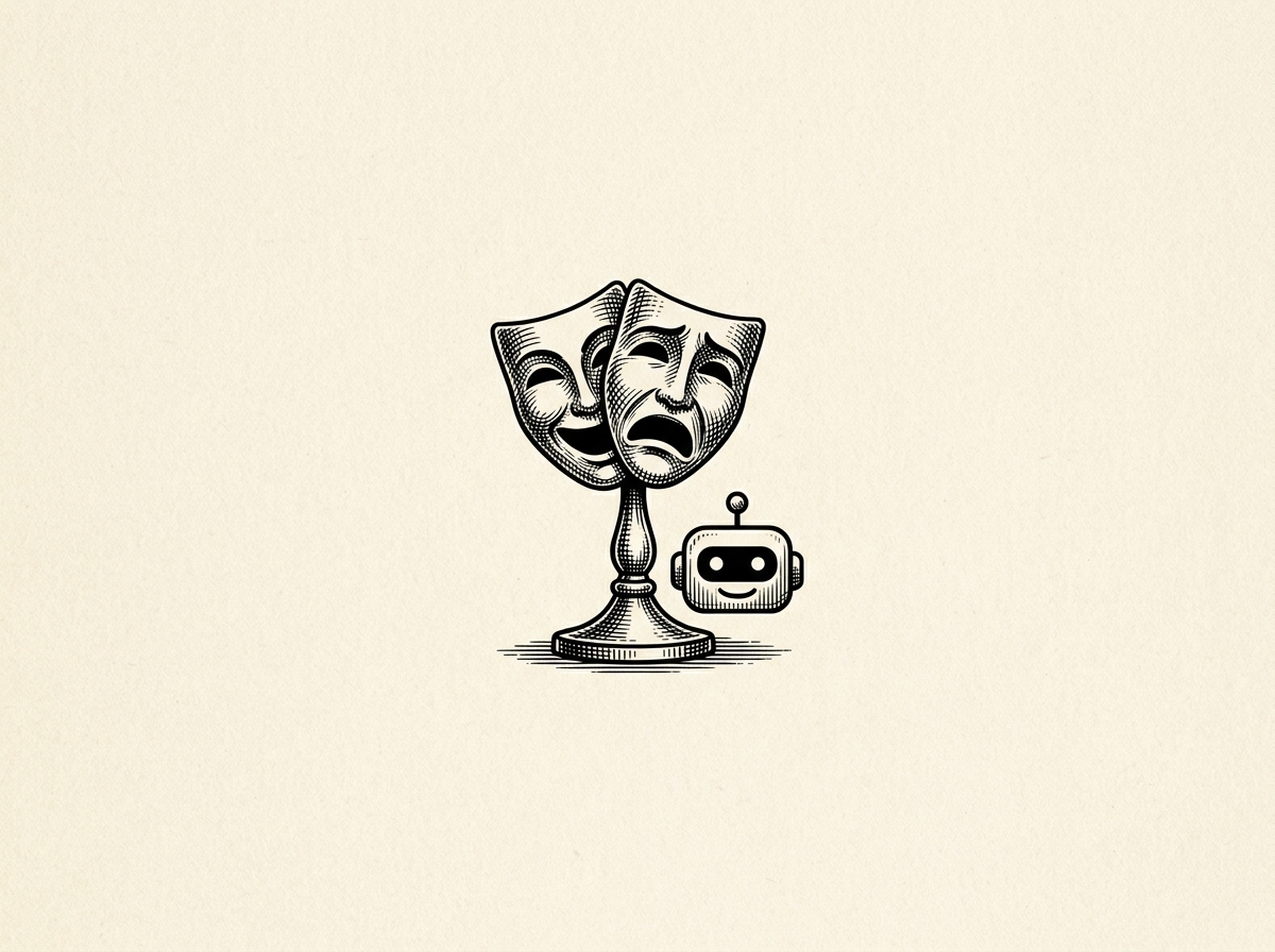 Illustration of a comedy-tragedy theater mask next to a small robot head, symbolizing AI adoption as theater