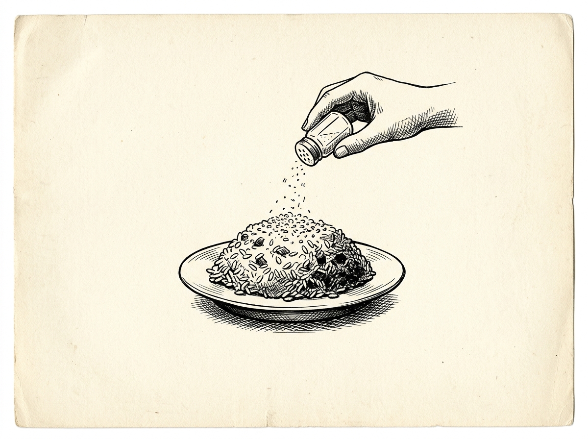 Illustration of a cold plate of fried rice with seasoning sprinkled on top, symbolizing AI that is only bolted onto the surface
