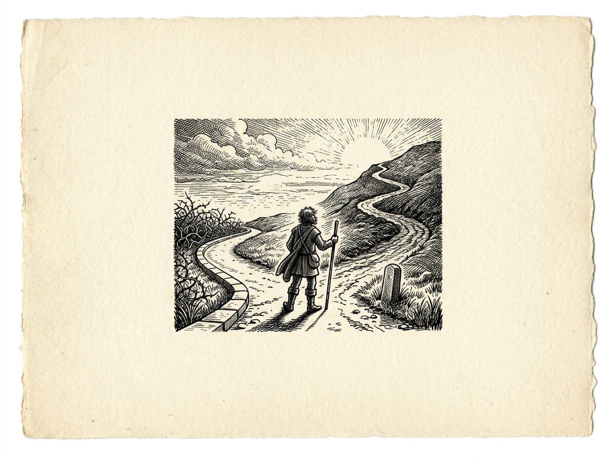 Illustration of a figure standing at a fork in the road, one path short and easy, one path long and steep