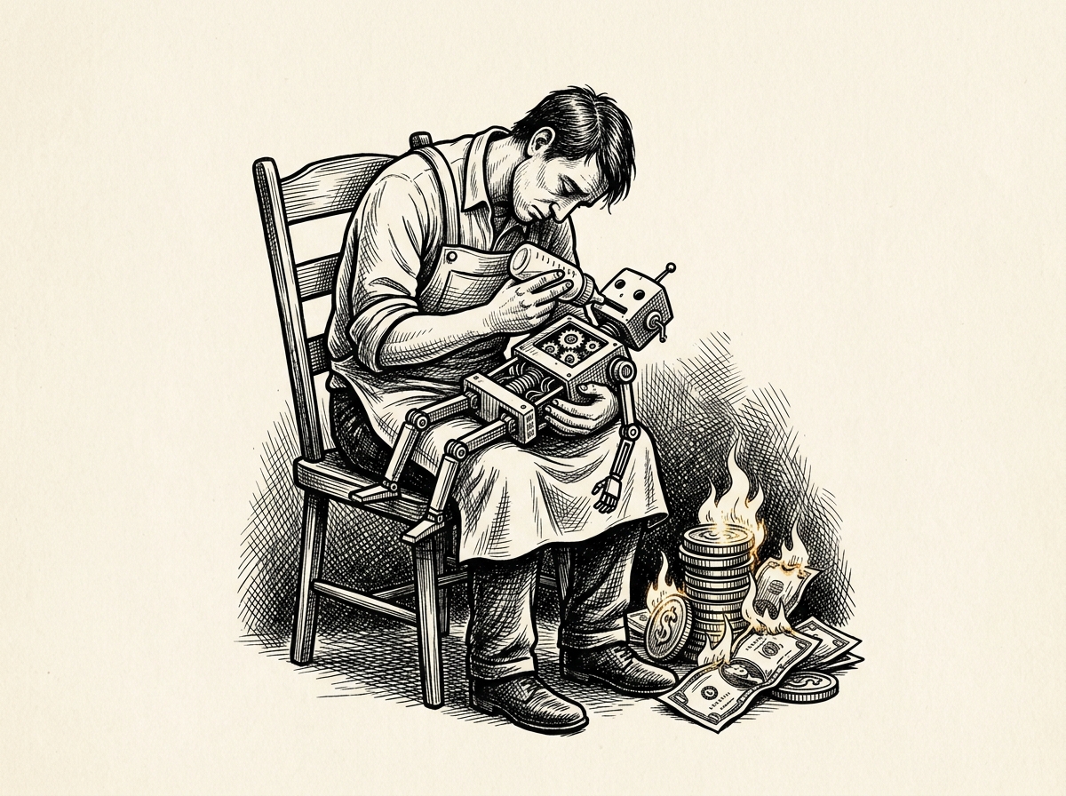 Illustration of an exhausted person bottle-feeding a small half-built robot, with burning stacks of money nearby