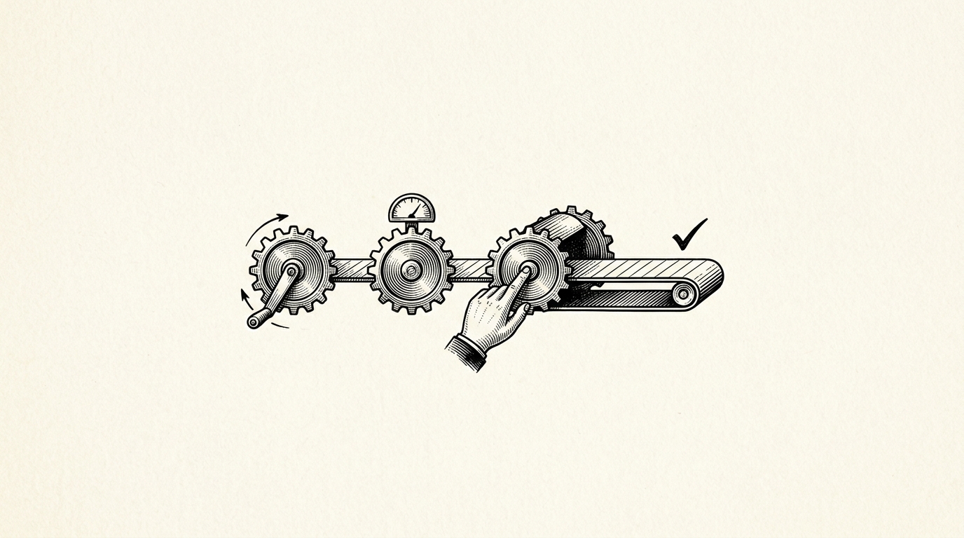 Illustration of an assembly line evolving from manual gears to a fully automated belt with a checkmark