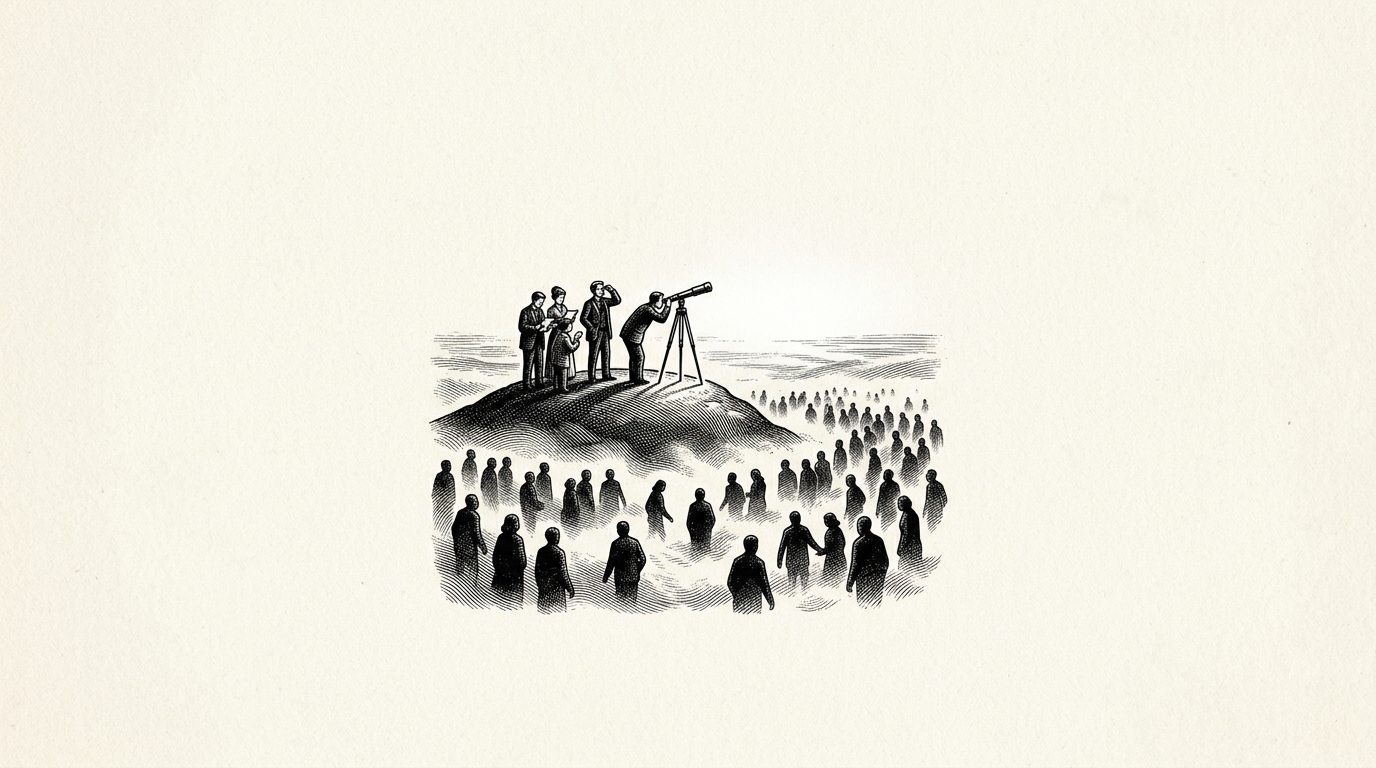 Illustration of a small group on a hill with a telescope, while a large crowd wanders in a foggy valley below