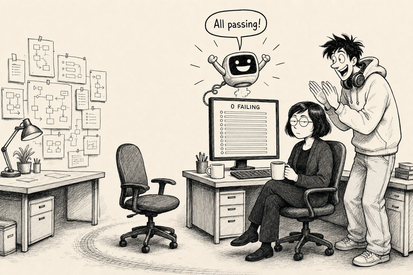 The robot standing on top of the coding desk in front of the monitor with both arms thrown up in triumph. Every row on the screen behind it is now plain and identical. The senior sits with a flat expression and the junior claps behind her. Spoken, in order: All passing!