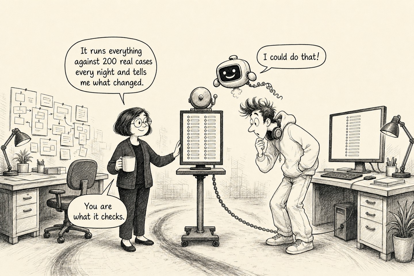 A second monitor on its own stand in the middle of the office floor, wired across to the coding desk, showing a tall grid of small identical marks, with a large brass alarm bell bolted to the top of it. The senior stands on one side with her mug and the junior leans in on the other side, peering at the grid. Spoken, in order: It runs everything against 200 real cases every night and tells me what changed. I could do that! You are what it checks.
