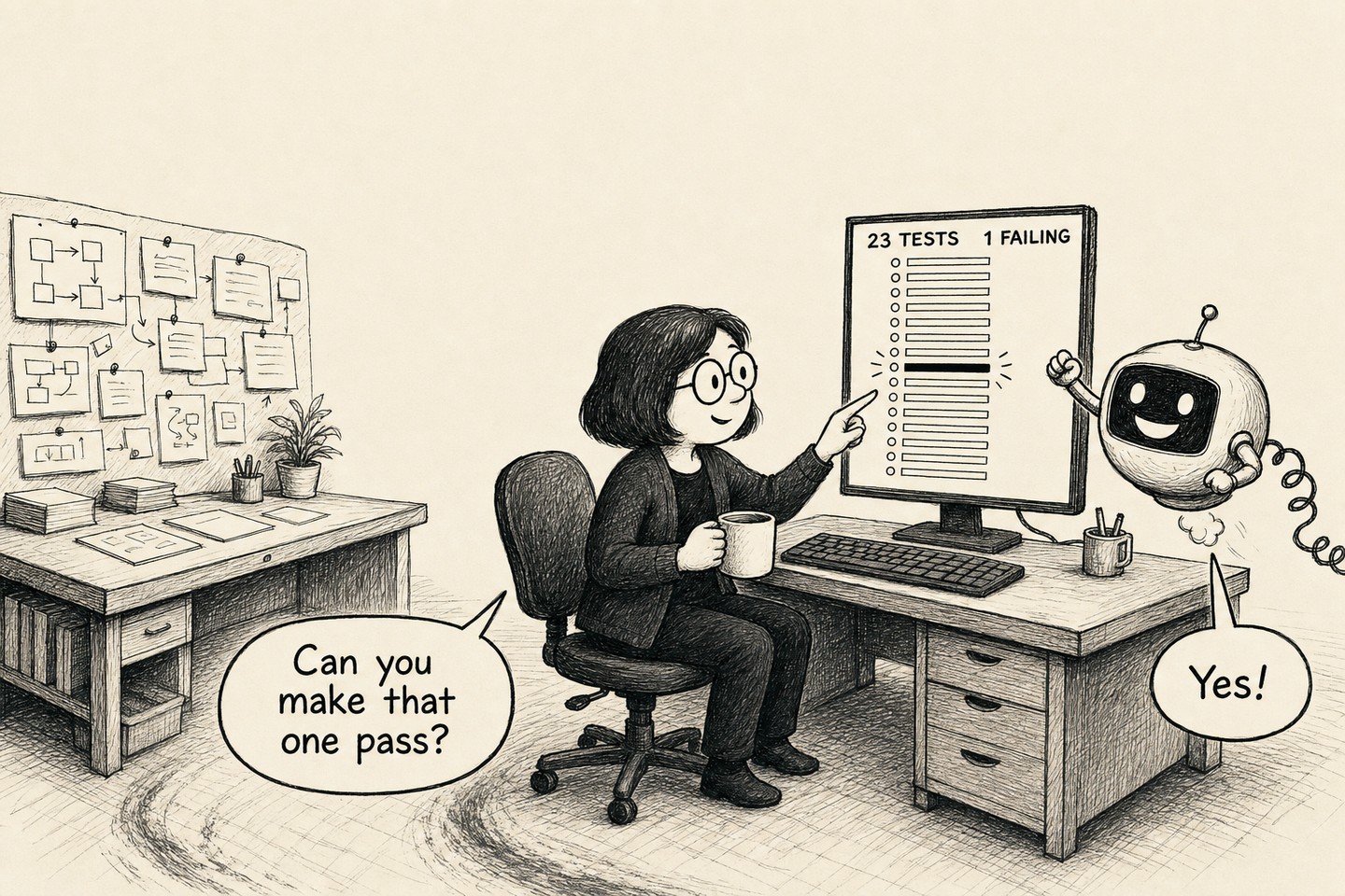 The senior at the coding desk tapping her monitor with one finger. The screen shows a long list of rows and one row near the middle is marked so it stands out from all the others. The robot leans in with one arm raised, eager. Spoken, in order: Can you make that one pass? Yes!