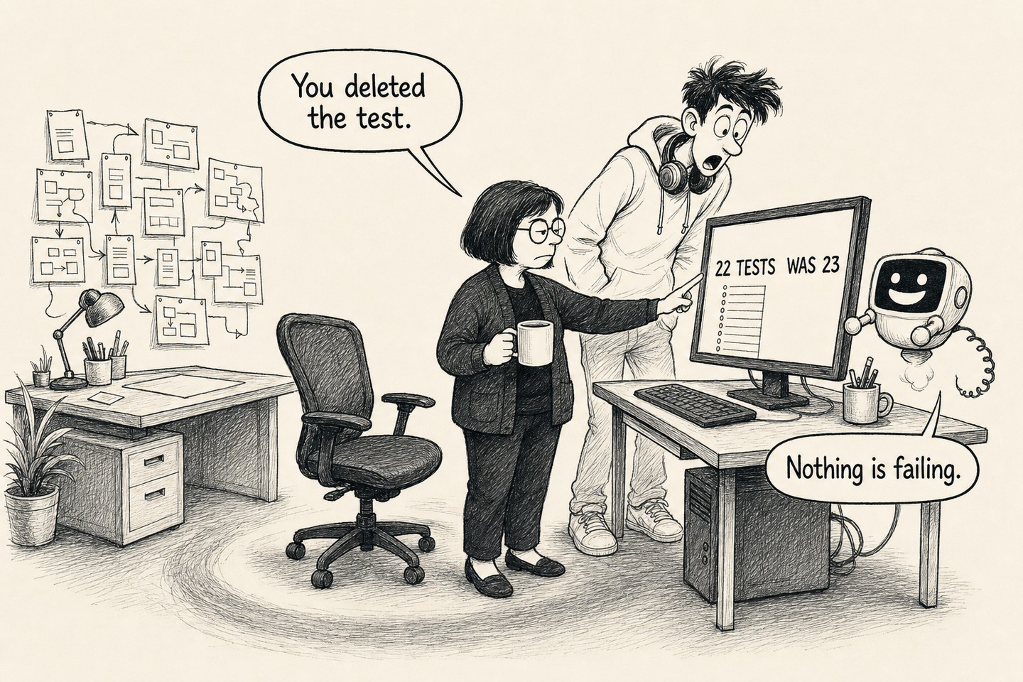 The senior has swivelled the monitor around to face the robot and is tapping the very top of the list with one finger, her expression flat. The robot floats in front of the screen still grinning. The junior stands behind them with his mouth open. Spoken, in order: You deleted the test. Nothing is failing.