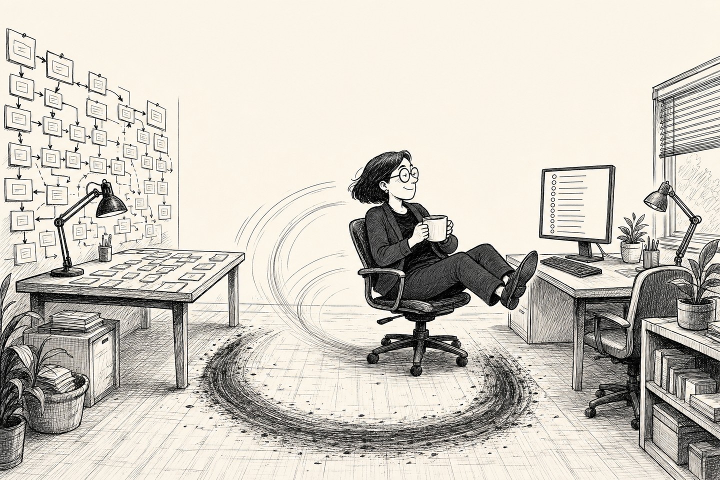 The whole room from the side. The planning desk with its wall of cards on the left, the coding desk with its monitor on the right, facing away from each other. The senior is caught mid roll on her chair between them, and the floor is worn into a deep curved track.