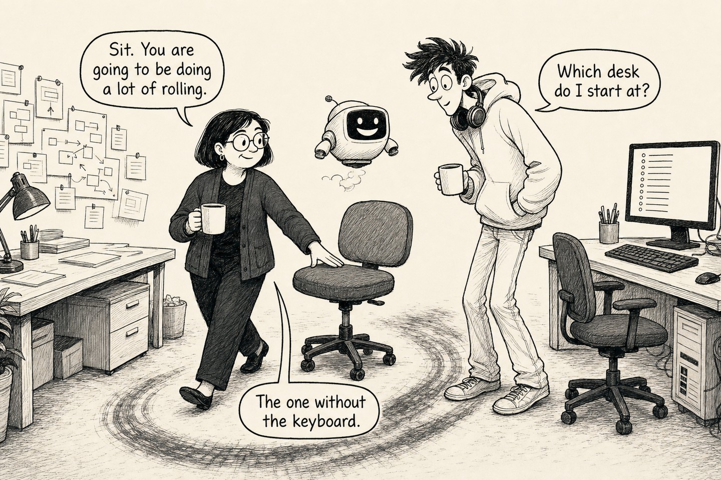 The senior has rolled a second office chair onto the worn track between the two desks and is patting its seat, looking at the junior, who is halfway toward it with his mug. Spoken, in order: Sit. You are going to be doing a lot of rolling. Which desk do I start at? The one without the keyboard.