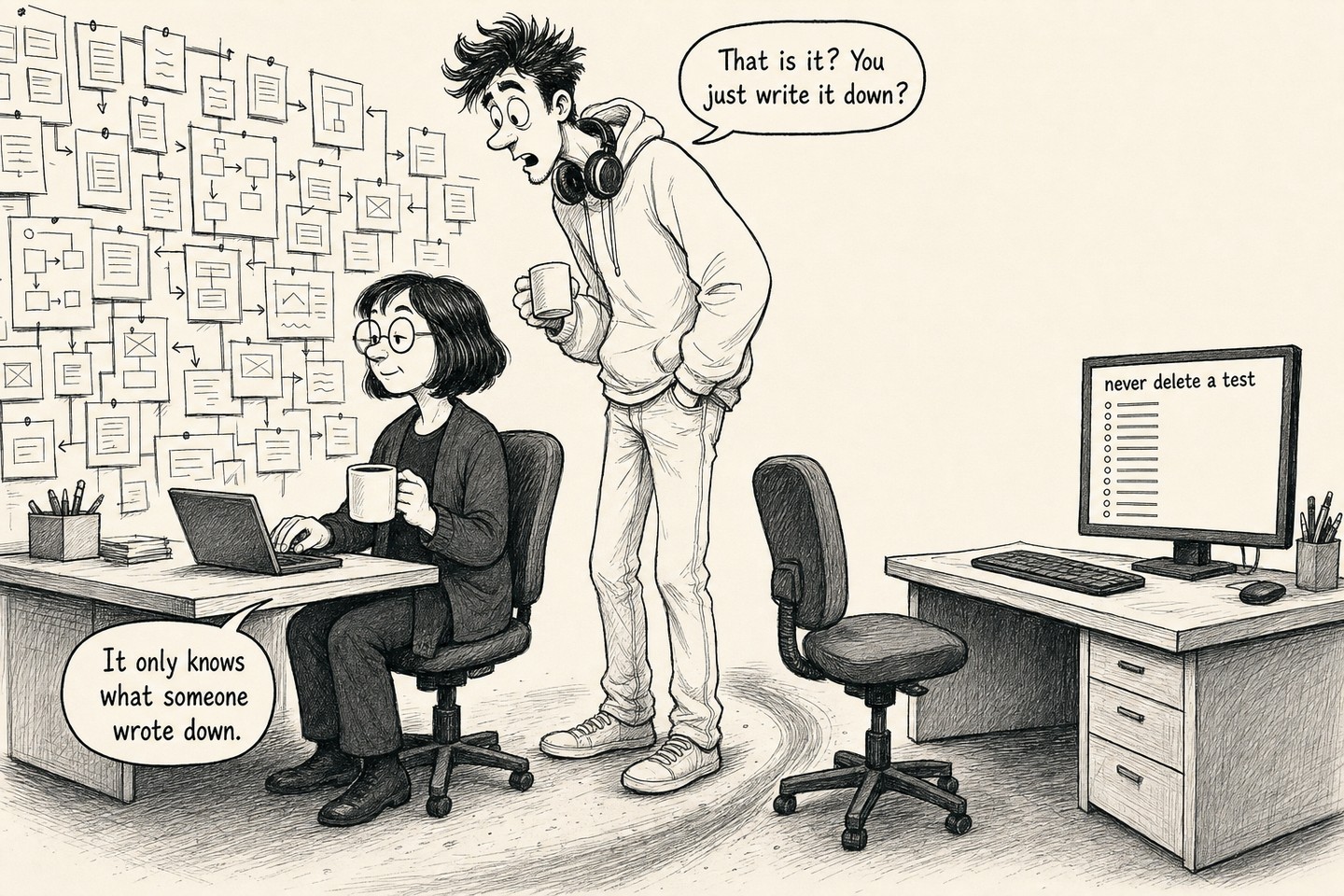 The senior at the planning desk typing one line into a small laptop open in front of the wall of cards. The junior stands a step behind her holding his mug, watching, unimpressed. Spoken, in order: That is it? You just write it down? It only knows what someone wrote down.