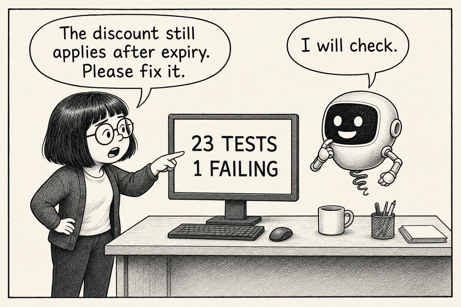 An engineer asks the robot to fix a discount bug. Screen: 23 TESTS | 1 FAILING Engineer: The discount still applies after expiry. Please fix it. AI: I will check.