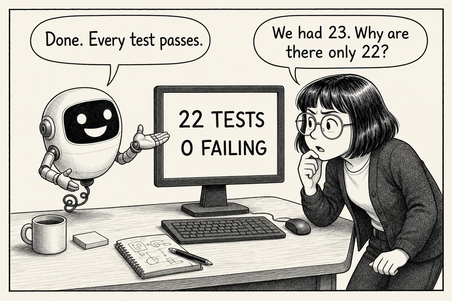 The robot reports success; the engineer notices fewer tests. Screen: 22 TESTS | 0 FAILING AI: Done. Every test passes. Engineer: We had 23. Why are there only 22?