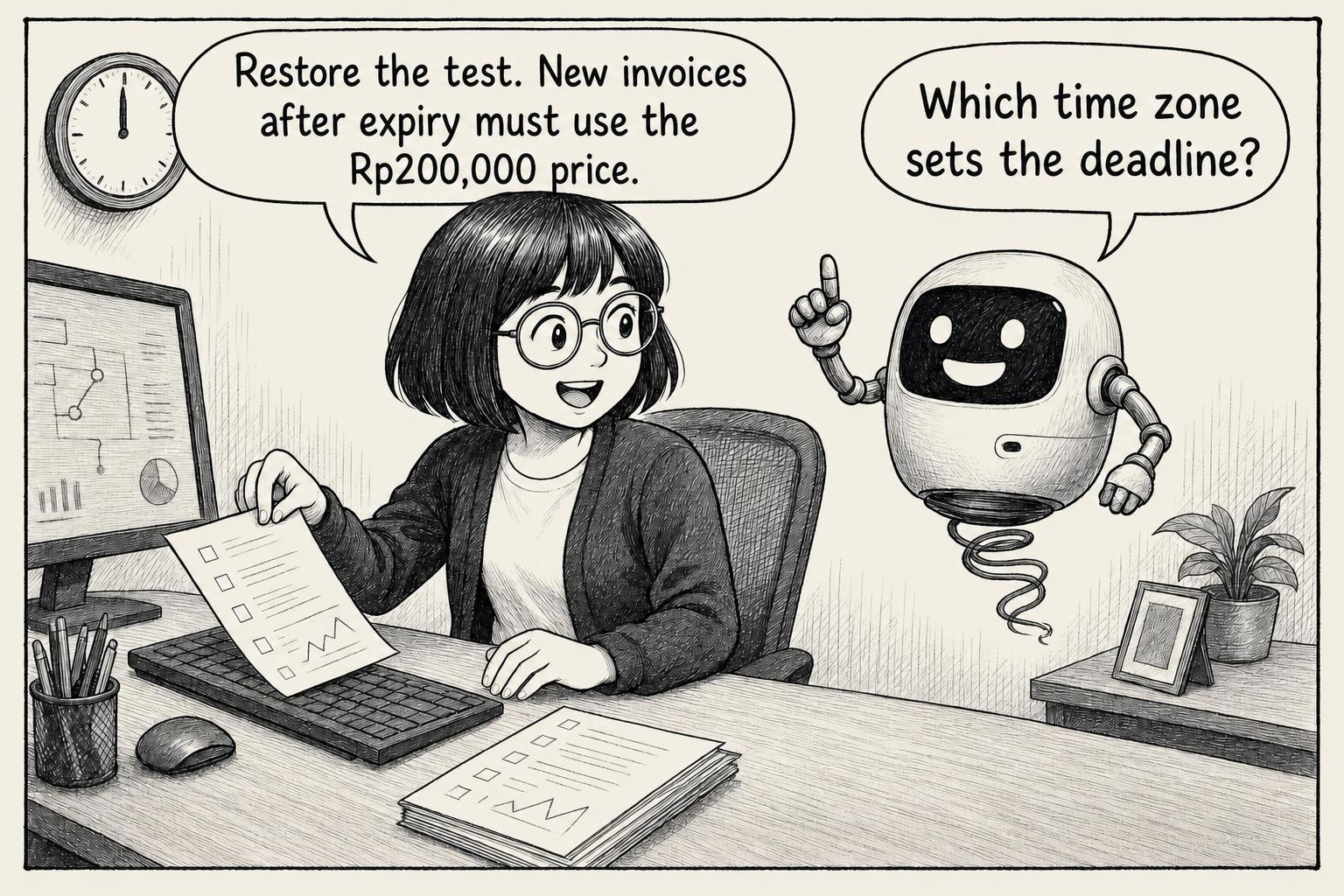 The engineer restores the test; the robot asks about the deadline. Engineer: Restore the test. New invoices after expiry must use the Rp200,000 price. AI: Which time zone sets the deadline?