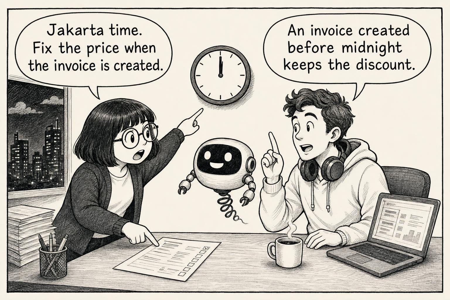 The engineer and a colleague explain the invoice rule to the robot. Engineer: Jakarta time. Fix the price when the invoice is created. Colleague: An invoice created before midnight keeps the discount.
