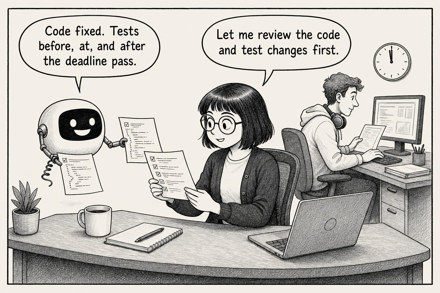 The robot hands over the fix for the engineer to review. AI: Code fixed. Tests before, at, and after the deadline pass. Engineer: Let me review the code and test changes first.