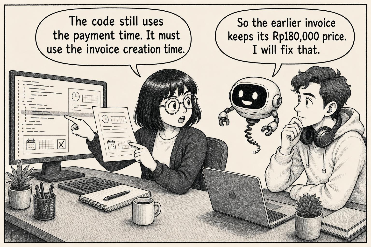 The engineer finds the code using payment time. Engineer: The code still uses the payment time. It must use the invoice creation time. AI: So the earlier invoice keeps its Rp180,000 price. I will fix that.