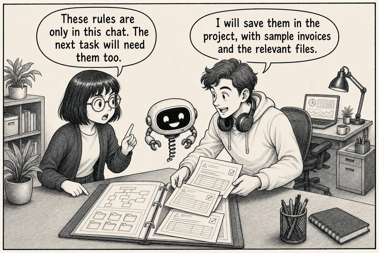 The colleague saves rules and sample invoices in the project. Engineer: These rules are only in this chat. The next task will need them too. Colleague: I will save them in the project, with sample invoices and the relevant files.
