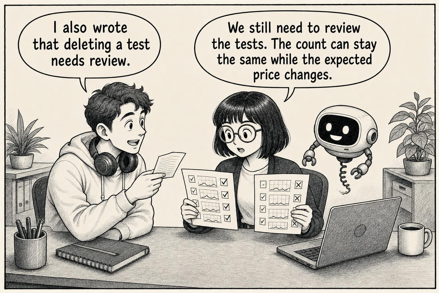 The engineer explains why test contents still need review. Colleague: I also wrote that deleting a test needs review. Engineer: We still need to review the tests. The count can stay the same while the expected price changes.