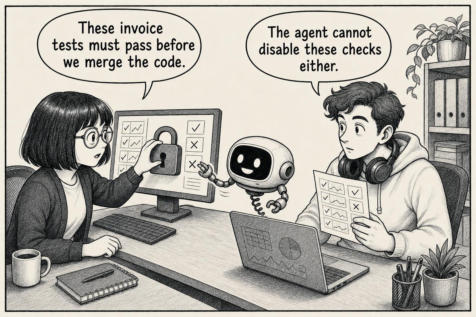 The team requires invoice checks before merging code. Engineer: These invoice tests must pass before we merge the code. Colleague: The agent cannot disable these checks either.