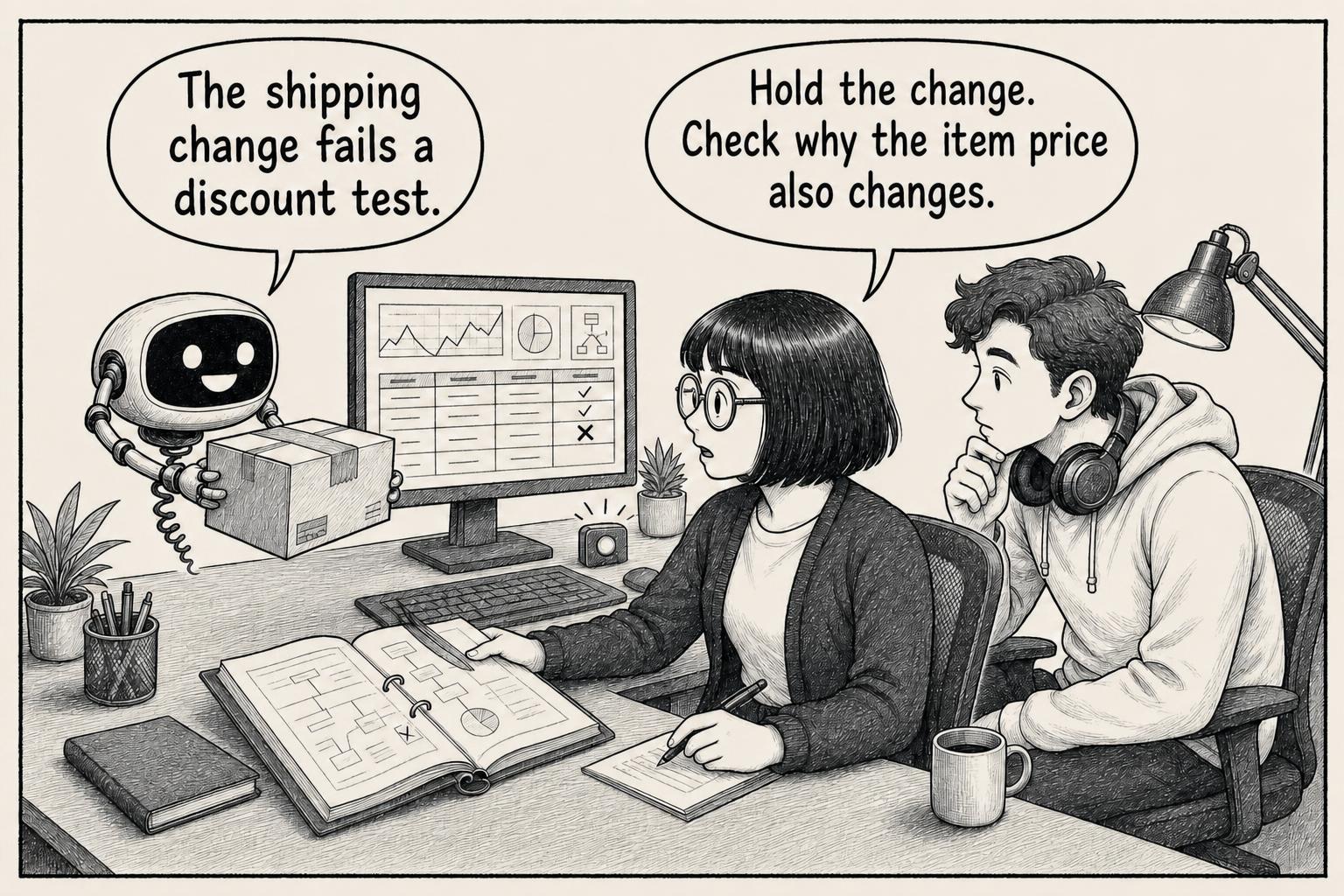 The next day, an invoice check fails on a shipping change. AI: The shipping change fails a discount test. Engineer: Hold the change. Check why the item price also changes.