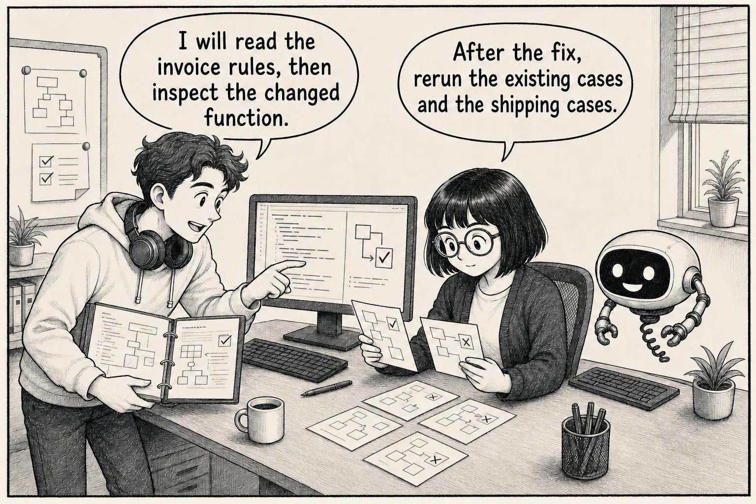 The colleague reads invoice rules and inspects the changed function. Colleague: I will read the invoice rules, then inspect the changed function. Engineer: After the fix, rerun the existing cases and the shipping cases.