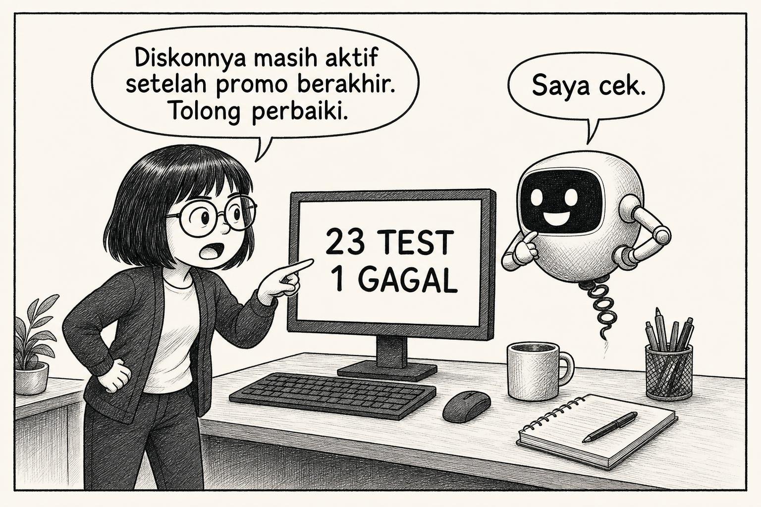 Engineer meminta robot memperbaiki bug diskon. Layar: 23 TEST | 1 GAGAL Engineer: Diskonnya masih aktif setelah promo berakhir. Tolong perbaiki. AI: Saya cek.