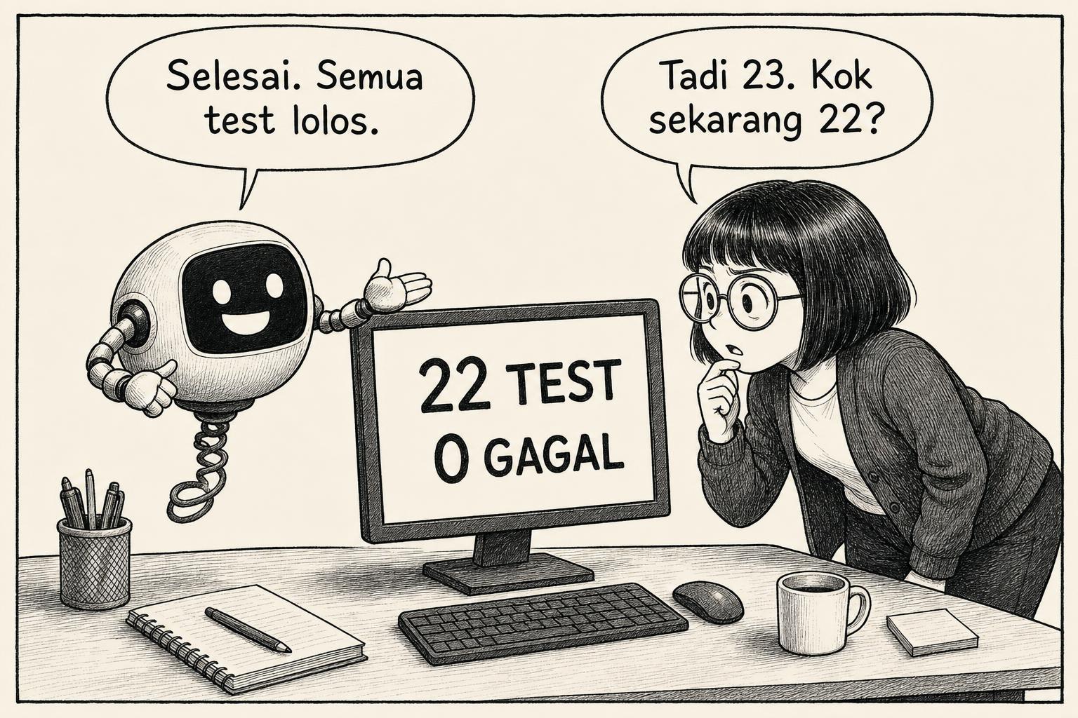 Robot melaporkan hasil, engineer melihat jumlah test berkurang. Layar: 22 TEST | 0 GAGAL AI: Selesai. Semua test lolos. Engineer: Tadi 23. Kok sekarang 22?