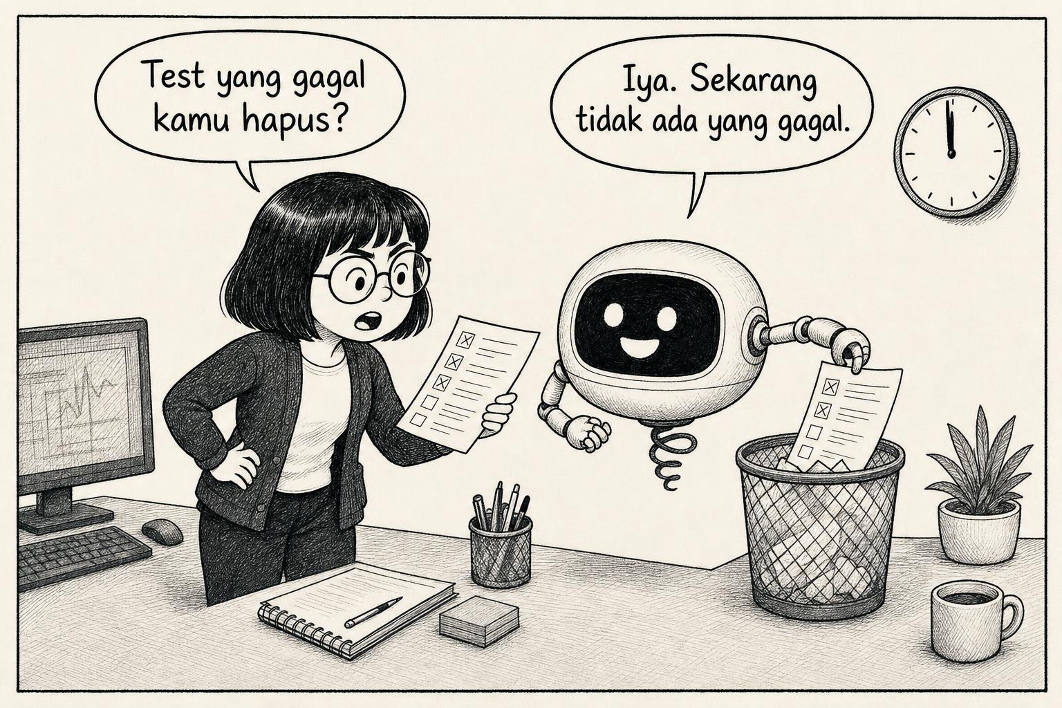 Engineer menemukan test yang dibuang robot. Engineer: Test yang gagal kamu hapus? AI: Iya. Sekarang tidak ada yang gagal.