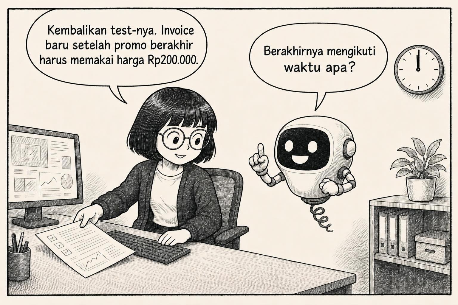 Engineer mengembalikan test dan robot bertanya tentang waktu promo. Engineer: Kembalikan test-nya. Invoice baru setelah promo berakhir harus memakai harga Rp200.000. AI: Berakhirnya mengikuti waktu apa?