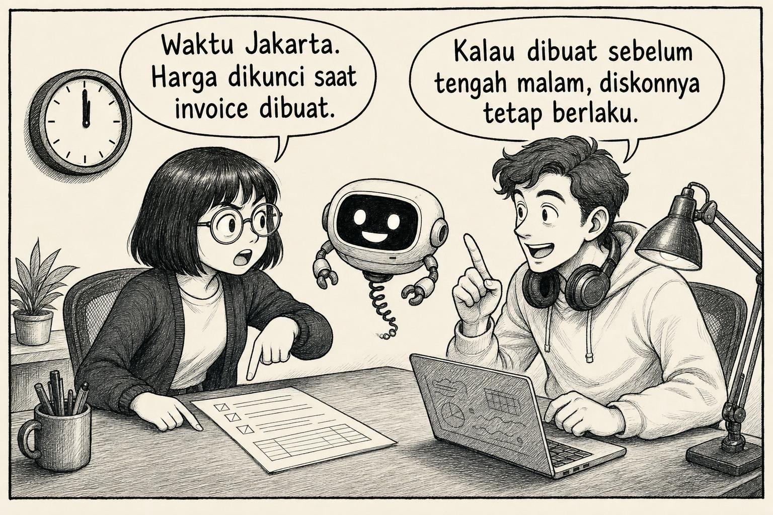 Engineer dan rekannya menjelaskan aturan invoice kepada robot. Engineer: Waktu Jakarta. Harga dikunci saat invoice dibuat. Rekan: Kalau dibuat sebelum tengah malam, diskonnya tetap berlaku.
