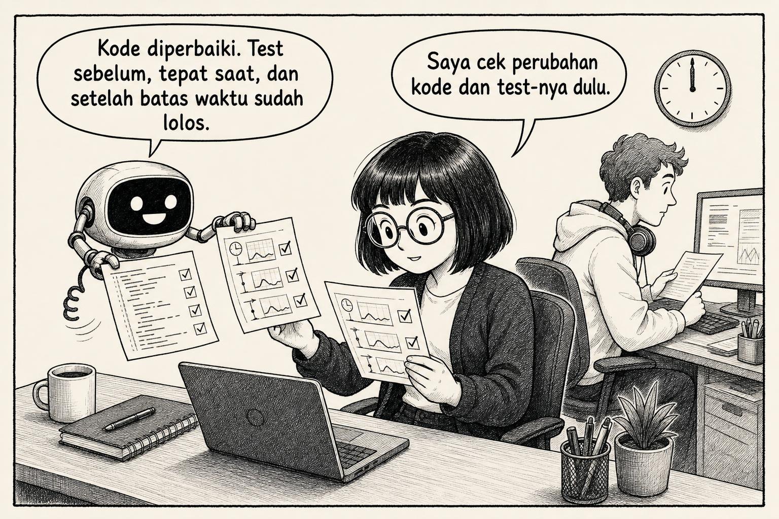 Robot menyerahkan hasil perbaikan untuk diperiksa engineer. AI: Kode diperbaiki. Test sebelum, tepat saat, dan setelah batas waktu sudah lolos. Engineer: Saya cek perubahan kode dan test-nya dulu.