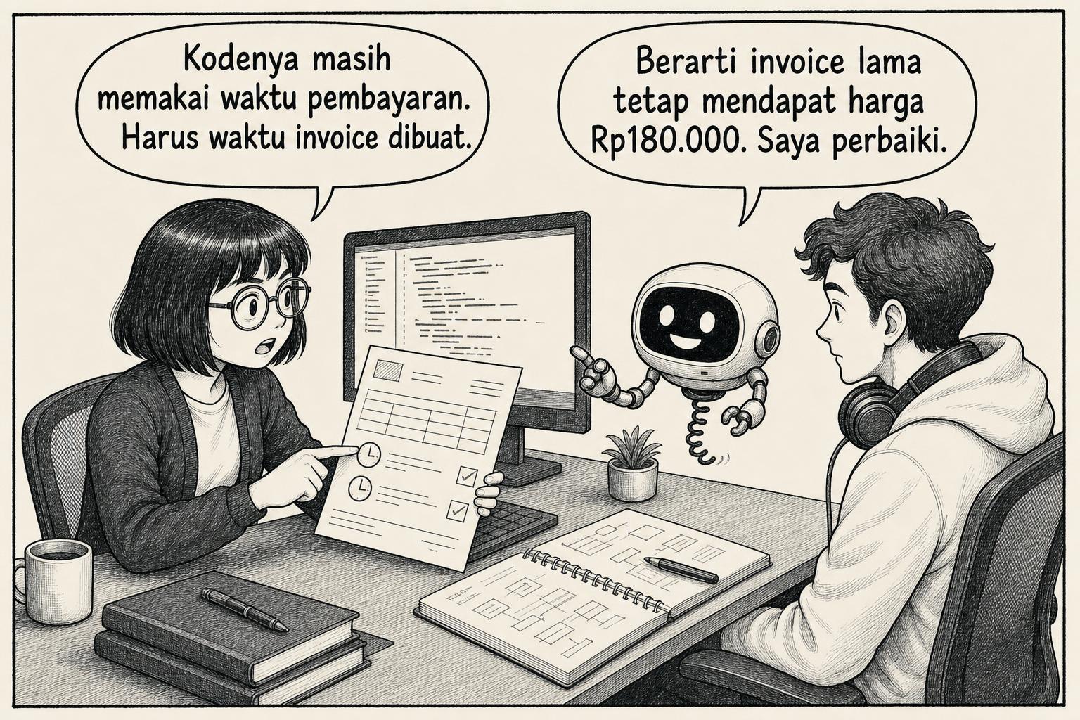 Engineer menemukan pemakaian waktu pembayaran di dalam kode. Engineer: Kodenya masih memakai waktu pembayaran. Harus waktu invoice dibuat. AI: Berarti invoice lama tetap mendapat harga Rp180.000. Saya perbaiki.