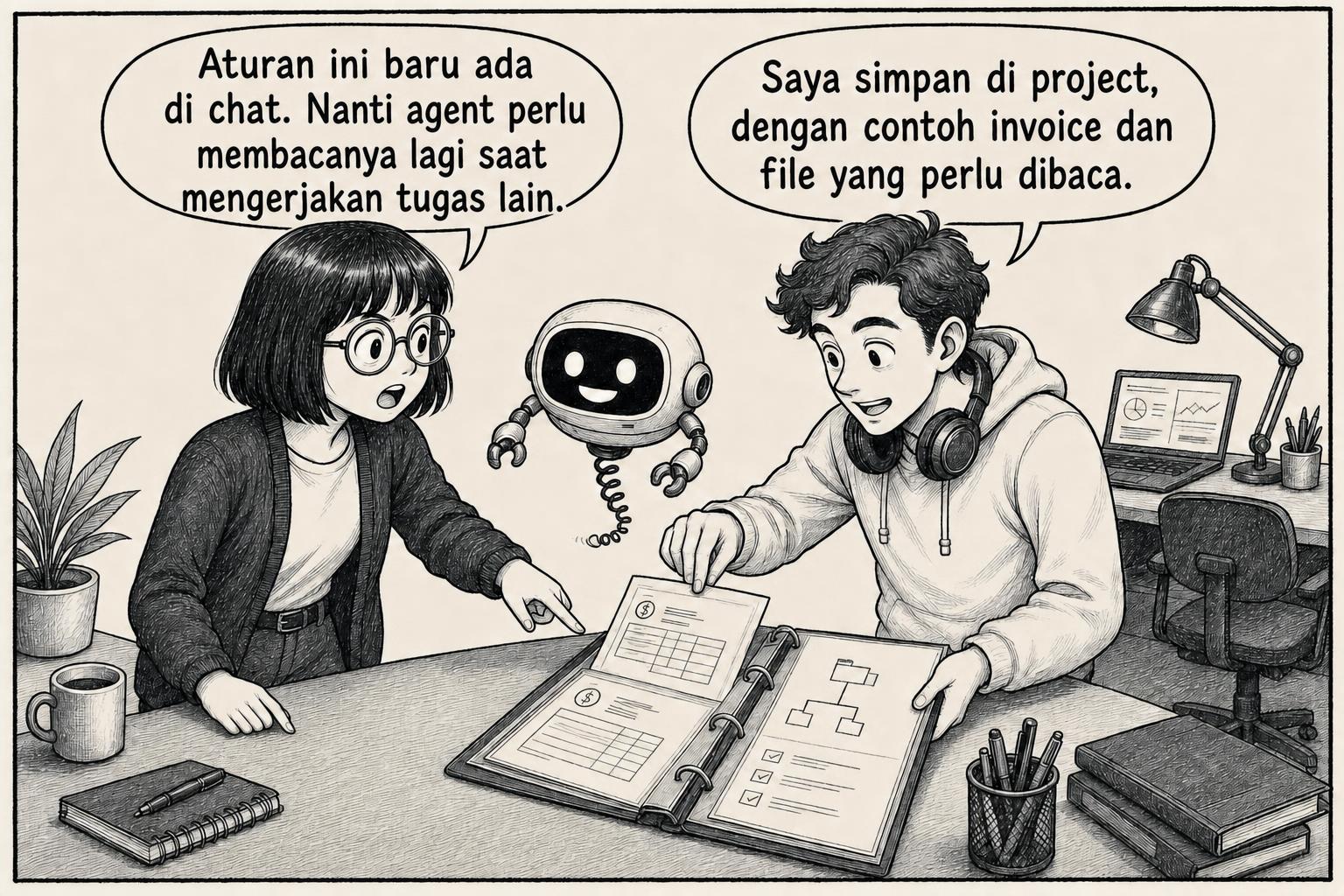 Rekan kerja menyimpan aturan dan contoh invoice di project. Engineer: Aturan ini baru ada di chat. Nanti agent perlu membacanya lagi saat mengerjakan tugas lain. Rekan: Saya simpan di project, dengan contoh invoice dan file yang perlu dibaca.