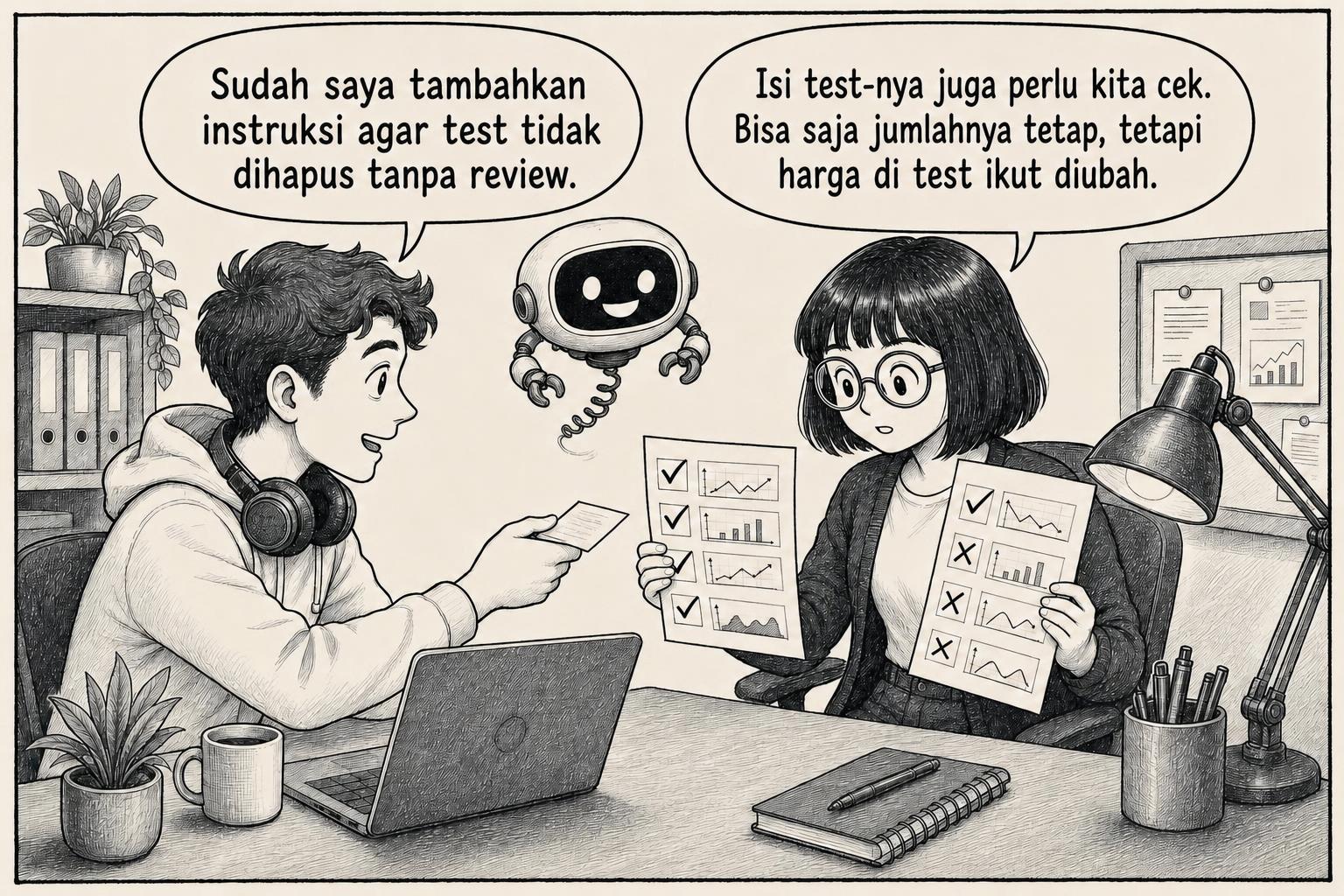 Engineer mengajak rekannya mengecek isi test. Rekan: Sudah saya tambahkan instruksi agar test tidak dihapus tanpa review. Engineer: Isi test-nya juga perlu kita cek. Bisa saja jumlahnya tetap, tetapi harga di test ikut diubah.