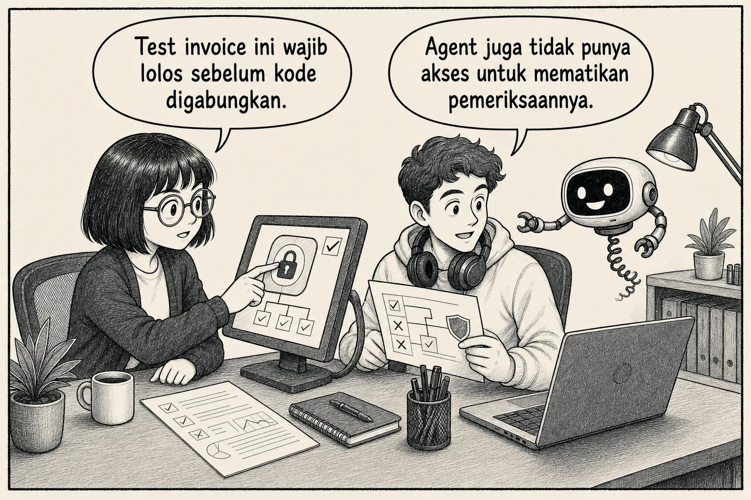 Tim mewajibkan test invoice lolos sebelum perubahan kode digabungkan. Engineer: Test invoice ini wajib lolos sebelum kode digabungkan. Rekan: Agent juga tidak punya akses untuk mematikan pemeriksaannya.