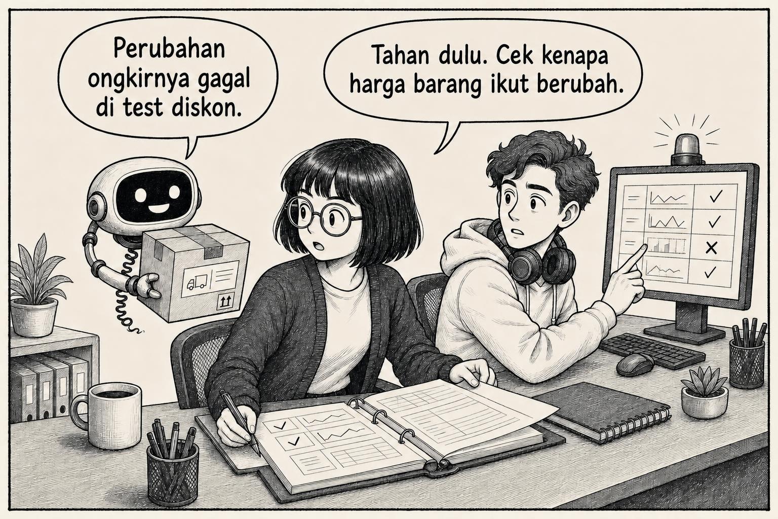 Keesokan harinya, pemeriksaan invoice gagal saat agent mengubah ongkir. AI: Perubahan ongkirnya gagal di test diskon. Engineer: Tahan dulu. Cek kenapa harga barang ikut berubah.