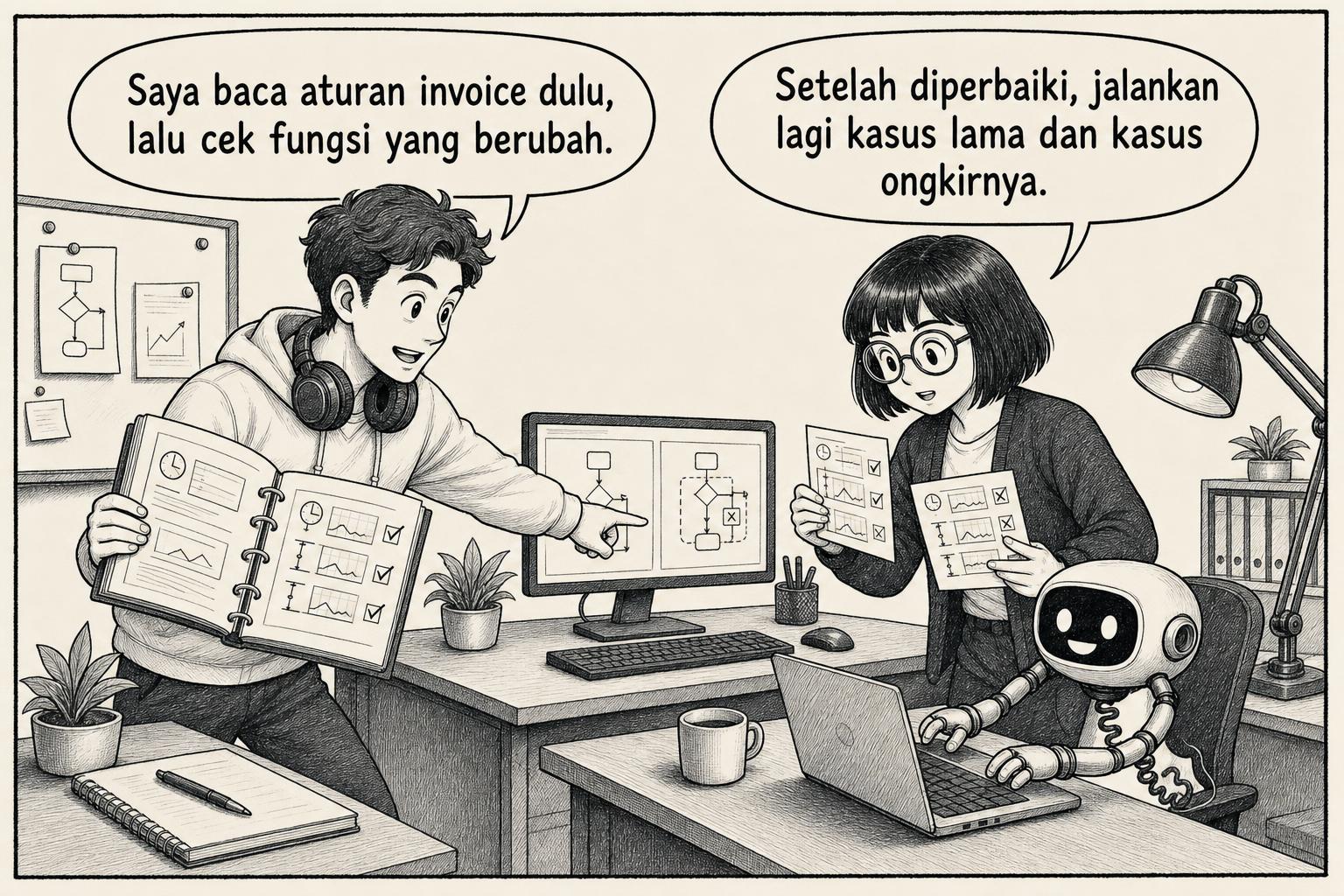 Rekan kerja membaca aturan invoice lalu memeriksa fungsi yang berubah. Rekan: Saya baca aturan invoice dulu, lalu cek fungsi yang berubah. Engineer: Setelah diperbaiki, jalankan lagi kasus lama dan kasus ongkirnya.