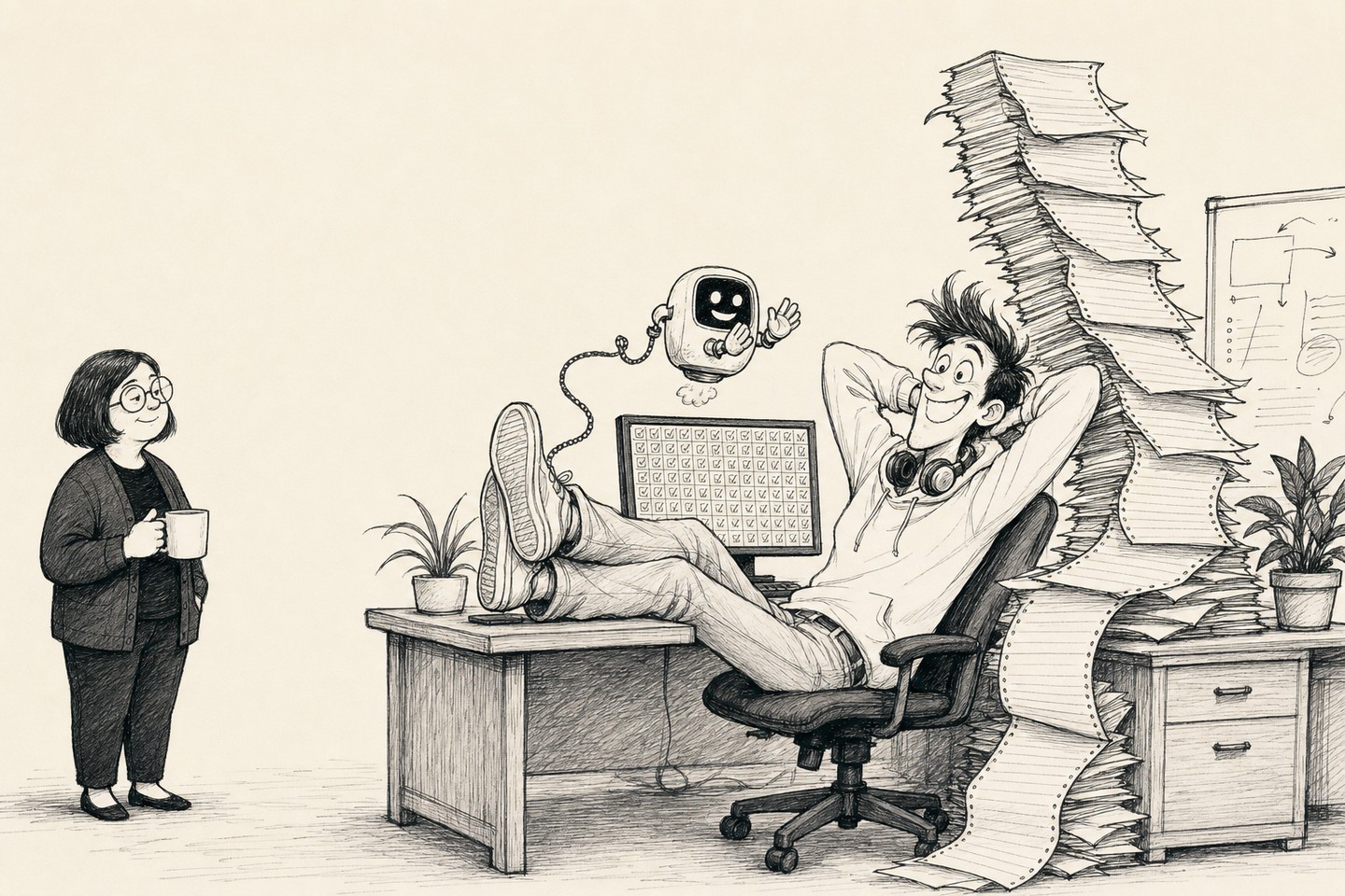 The junior leans back with his feet on the desk. His monitor is a grid of identical tick marks and the stack of printout beside him is now a leaning tower taller than the monitor. The robot applauds, the senior watches from the left.