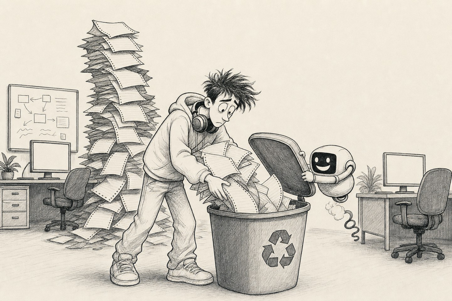 The junior feeding armfuls of printout into a large office recycling bin, head down. The tower behind him is half gone. The robot holds the lid open for him, grinning as brightly as on Monday.