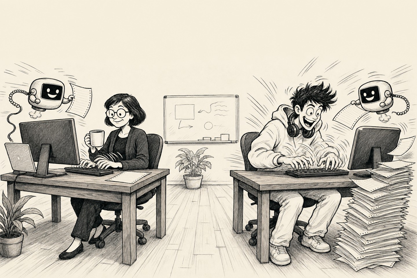 Both desks at once. The senior types with her laptop propped beside her and one sheet of paper next to it. The junior types faster, and a stack of printout beside his desk has already grown knee high.