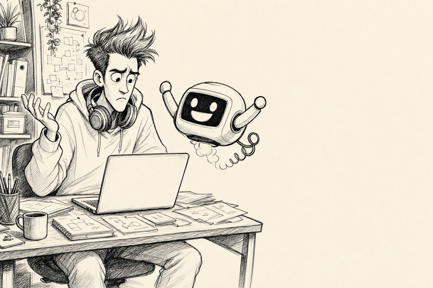 The junior has stopped typing, one hand raised, frowning at his screen with real doubt. The robot leans in from the right with an enormous encouraging grin and both arms up.