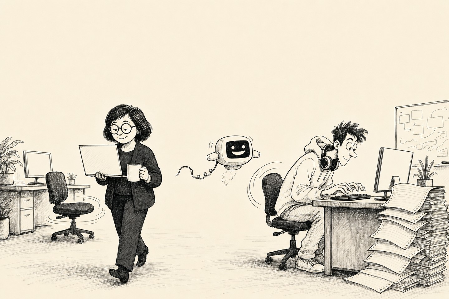 The junior has spun his chair to the keyboard and his hands are already over it. The senior has stood up, leaving her chair empty and still turning, and is walking away with an open laptop, watching its screen. The robot hovers between them.