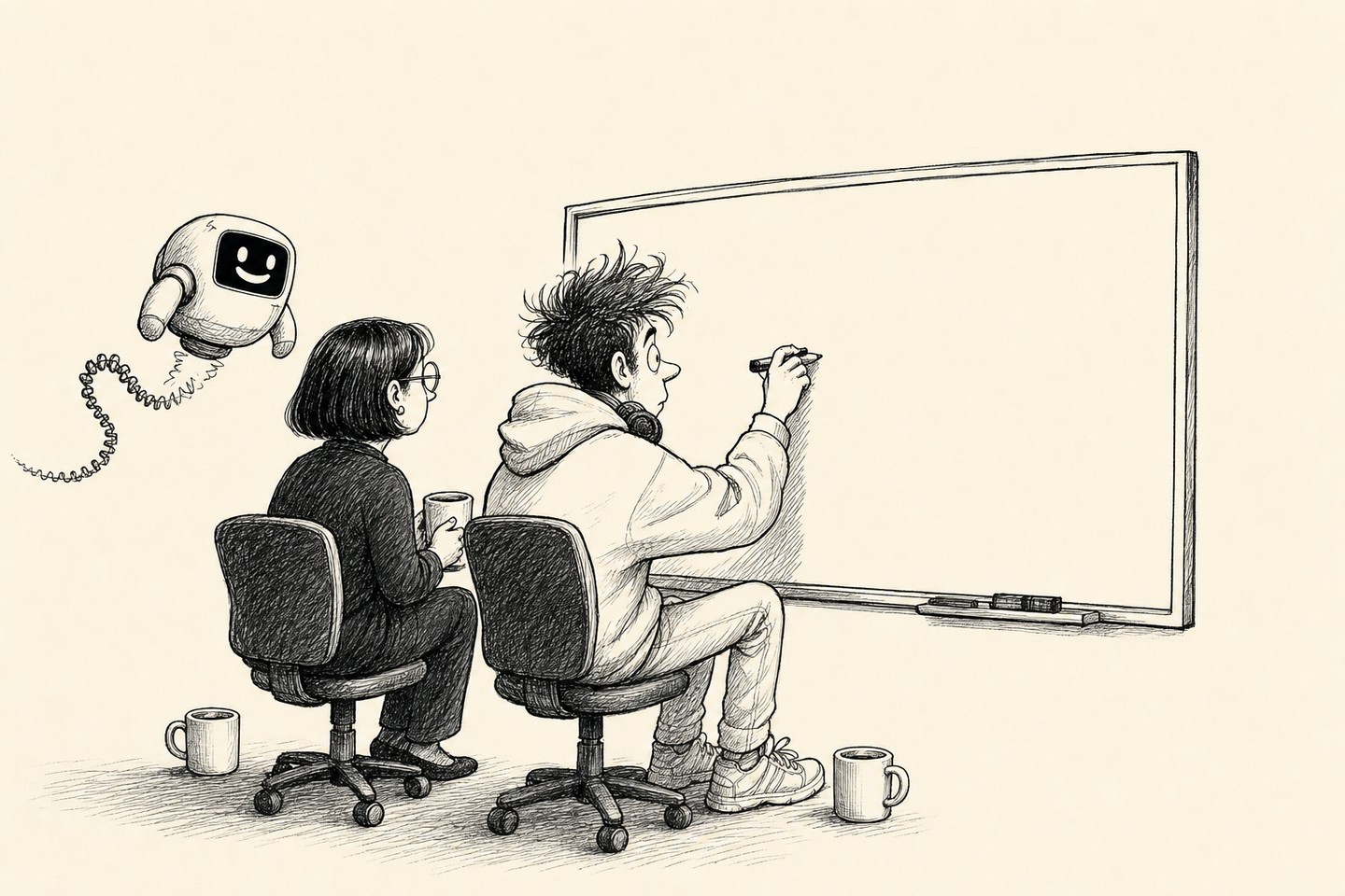 Seen from behind, the senior sits with her mug while the junior stands at a blank whiteboard with the marker in his hand. The robot hovers beside them, waiting, still grinning.