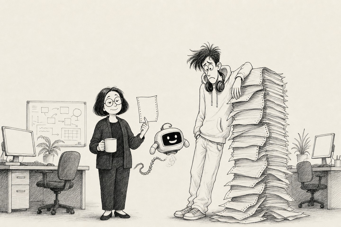 The two of them facing the viewer. The senior holds up one single sheet of paper between two fingers. Beside the junior stands a leaning tower of printout taller than he is, one hand resting on it, his face falling. The robot hovers between them.